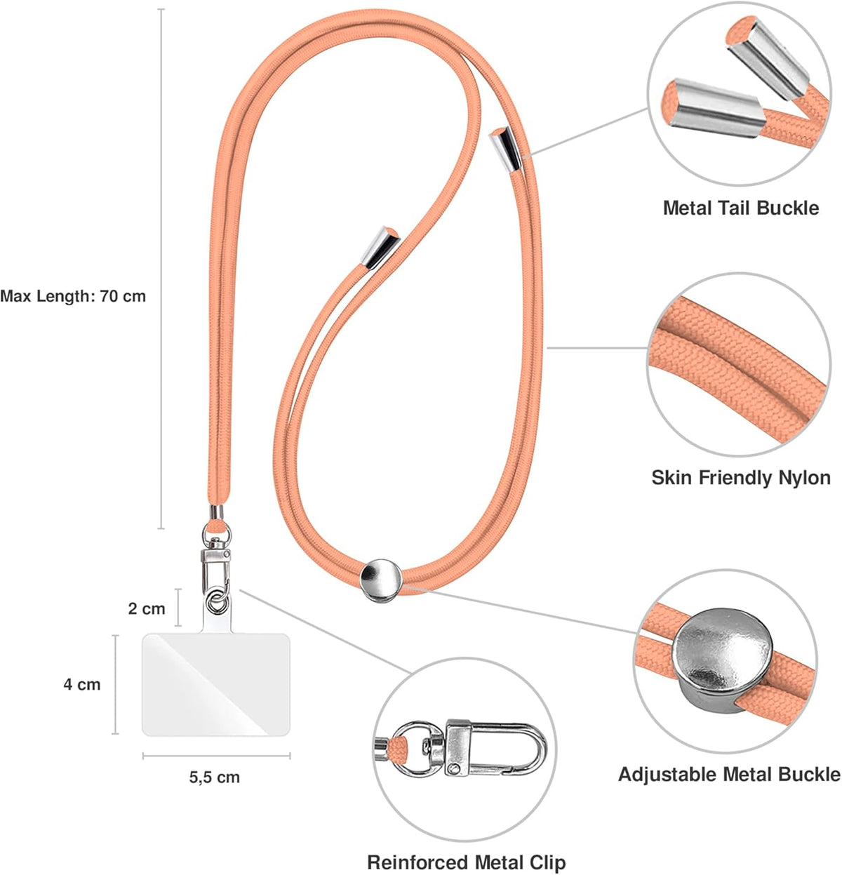 Cell Phone Lanyard [Light Orange] - Comfortable Universal Smartphone Lanyard - Easy to Use Neck Phone Holder [Clear Patch] - Adjustable Length Phone Strap Crossbody - Fits All Mobile Phones