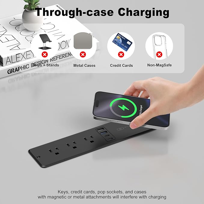 8 in 1 Recessed Power Strip with 15W Wireless Charger, 20W Fast Charging Furniture Outlet, Plug in 3 AC Outlets & 4 USB Ports Flush Mount, 6FT Cord