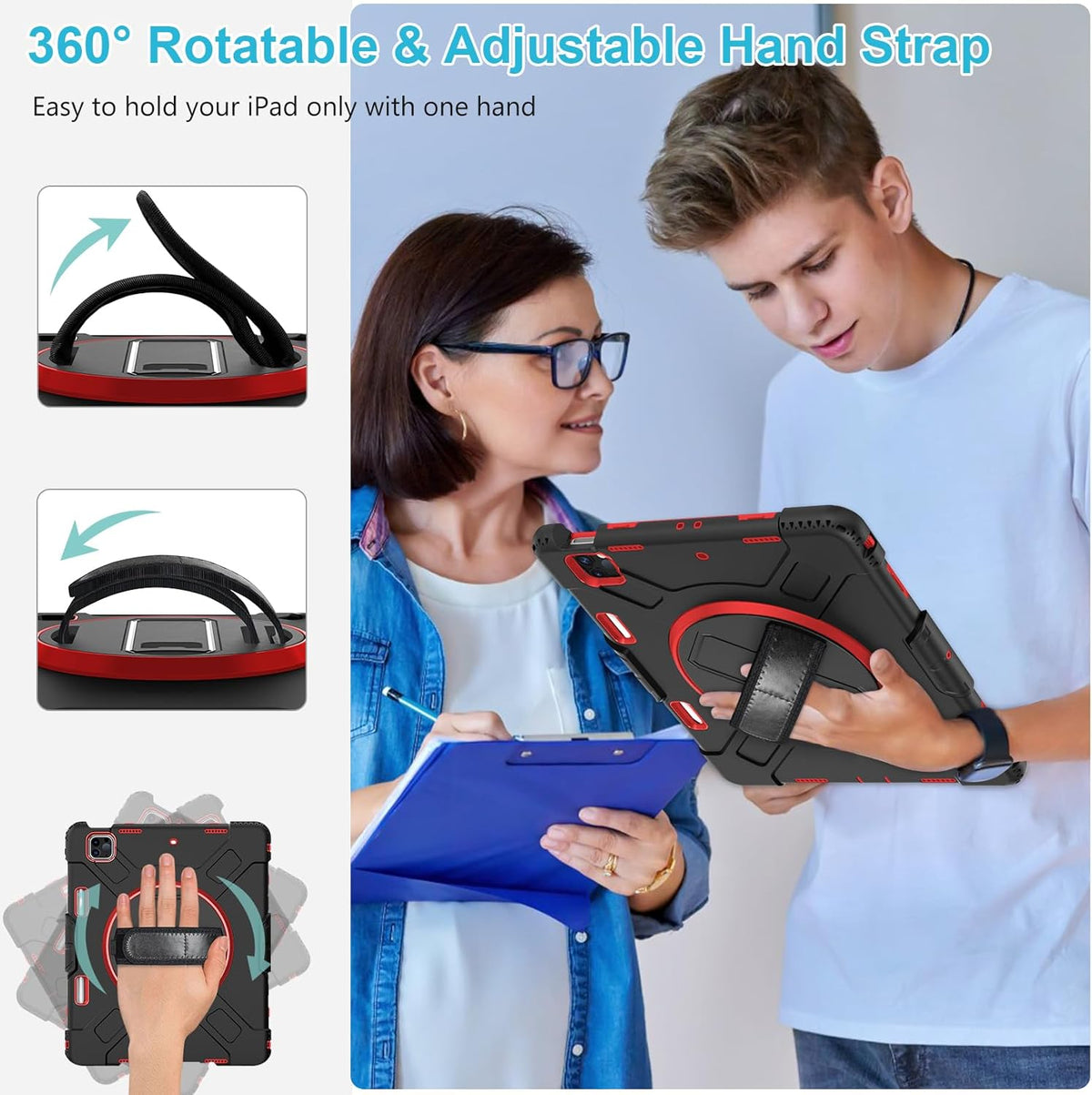 Case for iPad Pro 12.9 2022/2021/ 2020/2018: Cover for iPad Pro 12.9 6th/ 5th/ 4th/ 3rd Generation with Screen Protector- Stand- Pencil Holder- Handle- Shoulder Strap Red+Black
