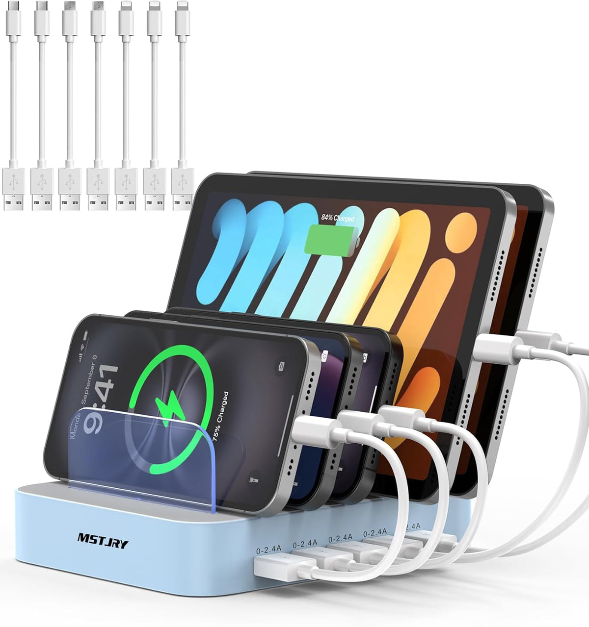MSTJRY Charging Station for Multiple Devices : 5 Port Multi USB-A Charger Stations Multi-Device Organizer Charging Dock Designed for iPhone iPad Cell Phone Tablets (7 Short Cables Included), Blue