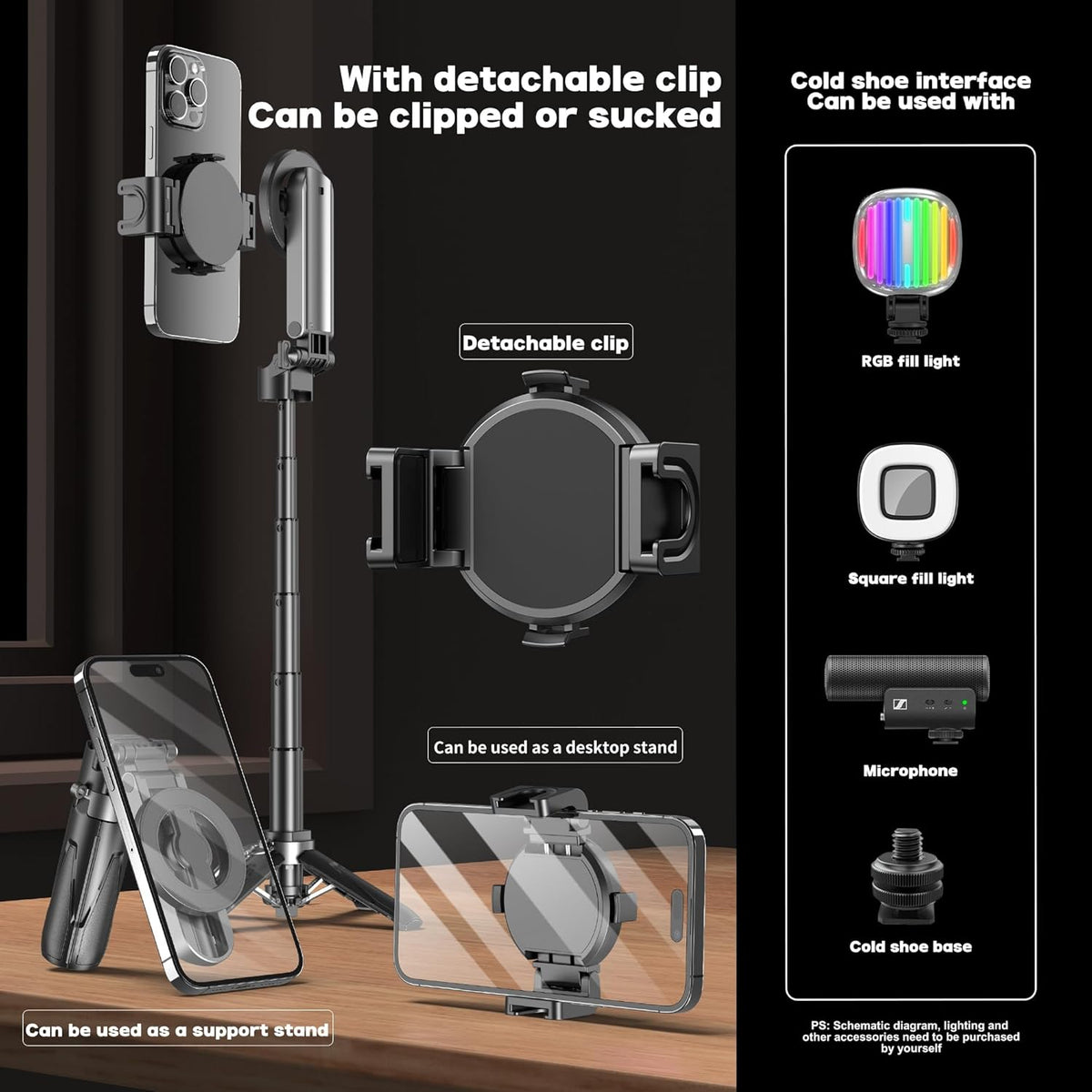 Magnetic Tripod for Phone with Remote Control, Extendable Selfie Stick Handle Grip Pocket Size, 4-in-1 Mini Phone Grip, 10m Wireless Shutter for iPhone Android Phones （Black）