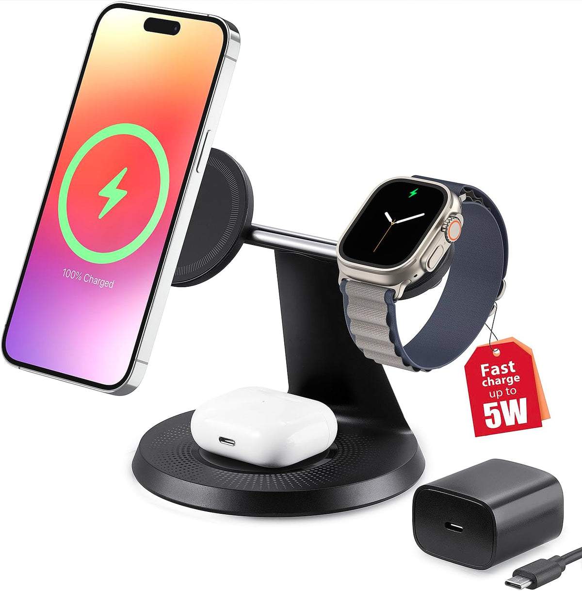 3 in 1 Wireless Charging Station for Apple Device: Fast Charging Station for iPhone and Watch with MagSafe, Stable Charger Stand for iPhone 12-16 & iWatch & AirPods