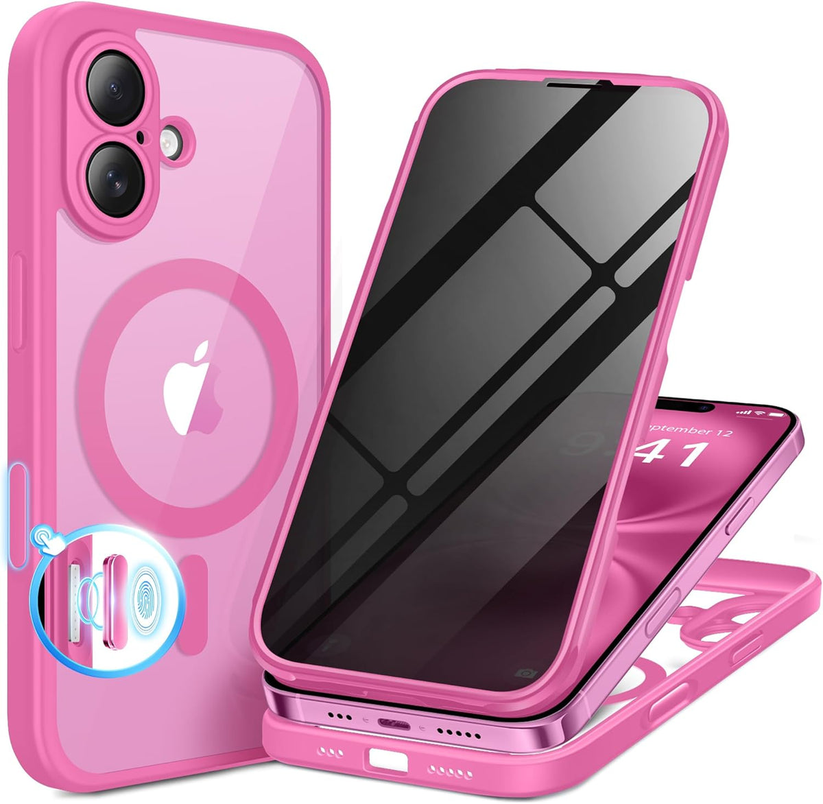 BERFY Magnetic for iPhone 16 Plus Case, Compatible with MagSafe, Built-in Privacy Screen Protector and Upgraded Camera Protection, Anti-Spy Full Body Shockproof Phone Case for 16 Plus 6.7", Peony