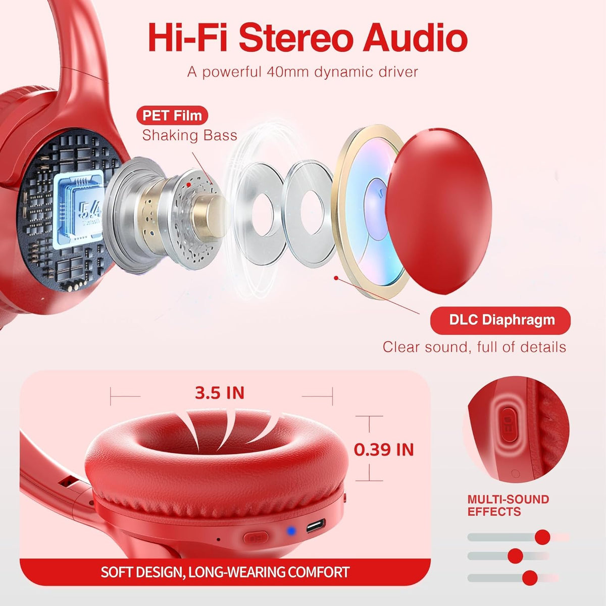 MIDOLA Bluetooth Headphones Over Ear 68H Playtime 6 EQ Wireless Headset with Microphone HiFi Stereo Foldable Lightweight Deep Bass for Travel Home Office Cellphone Red