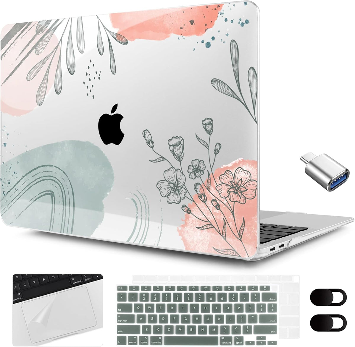 MEEgoodo for MacBook Air 13.3 inch Case 2021 2020 2019 2018 A2337 M1 A2179 A1932, Clear Case for MacBook Air M1 with Keyboard Webcam Cover & Trackpad Film & Type C Adapter,Watercolor Floral 3