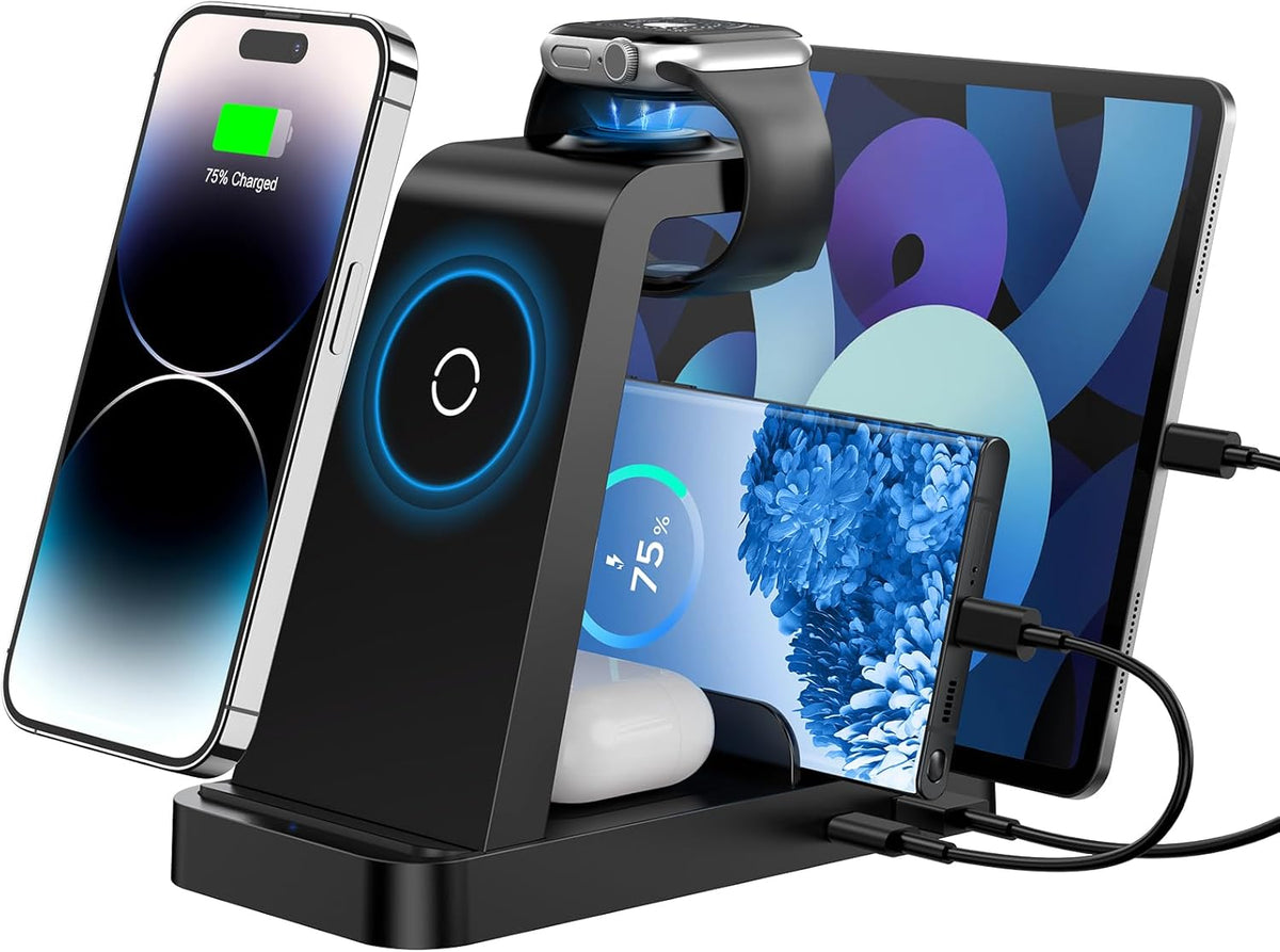 Wireless Charger for iPhone - 5 in 1 Charging Station for Multiple Devices Apple: Fast Wireless Charging Stand Dock for iPhone 16e 16 15 14 13 12 Pro Max Apple Watch Airpods