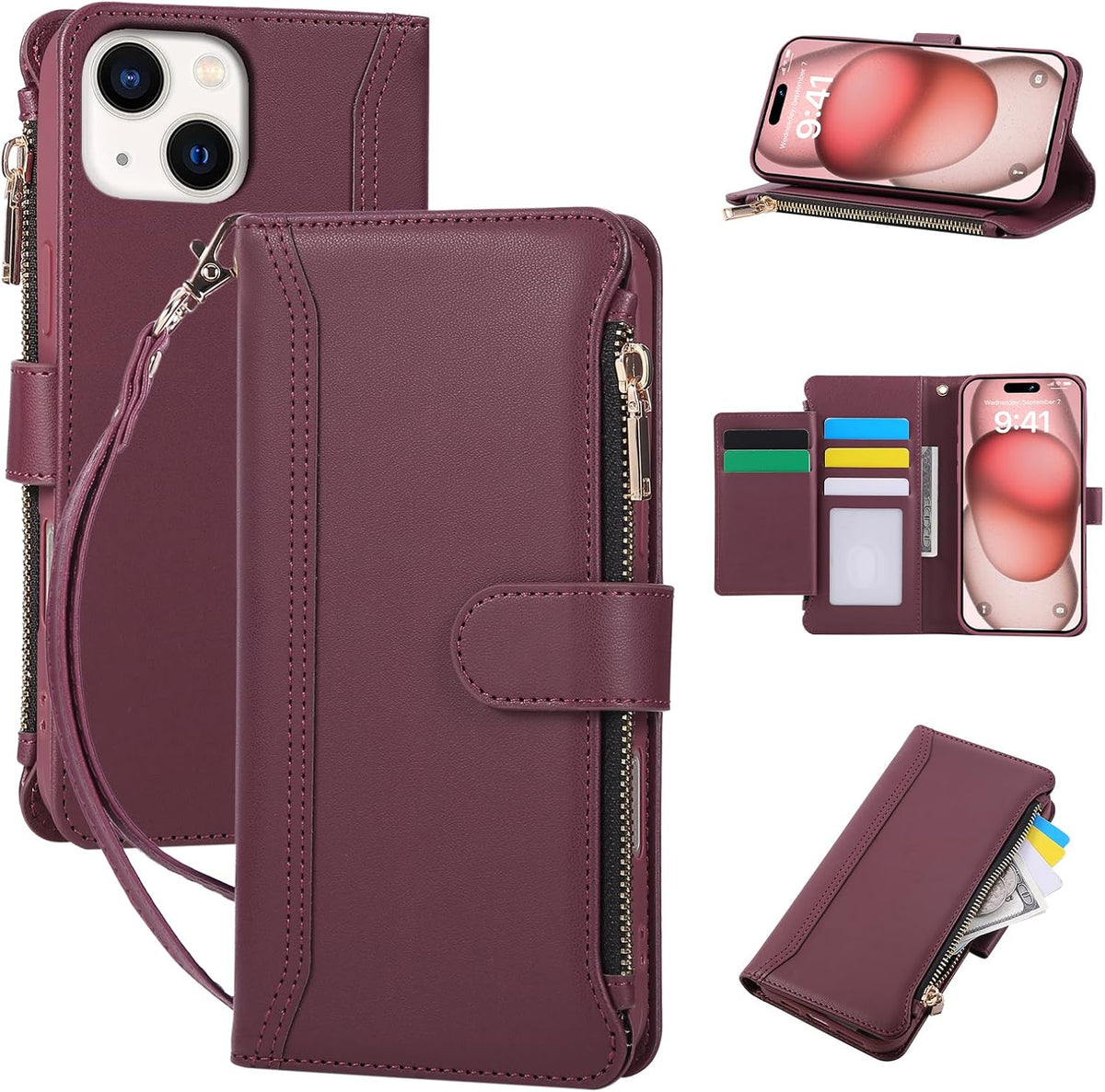Compatible with iPhone 13/14 Wallet Phone Case-PU Leather Magnetic Flip Cover with Credit Card Slots,Zipper Pocket & Detachable Wrist Strap,Shockproof Design,for Women and Men-Claret
