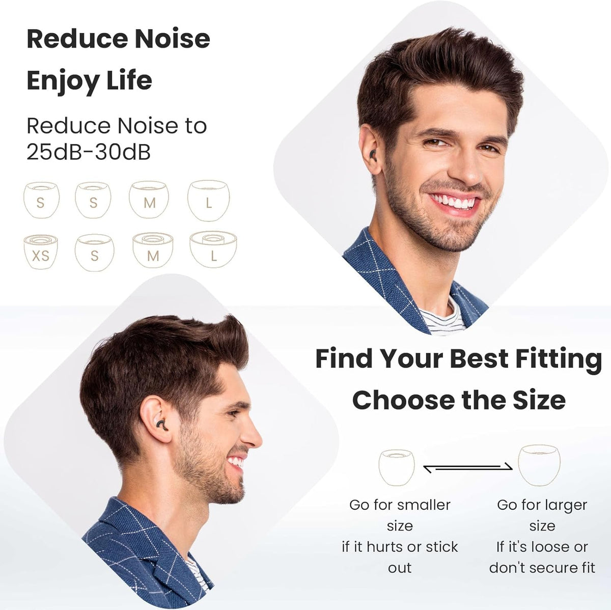 Ear Plugs for Sleeping, 2 Pairs of Reusable Earplugs for Noise Reduction 25dB-30dB with 8 Ear Tips, Soft Hearing Protection Ear Plugs for Concert,Noise Sensitivity, Study & Work, Black