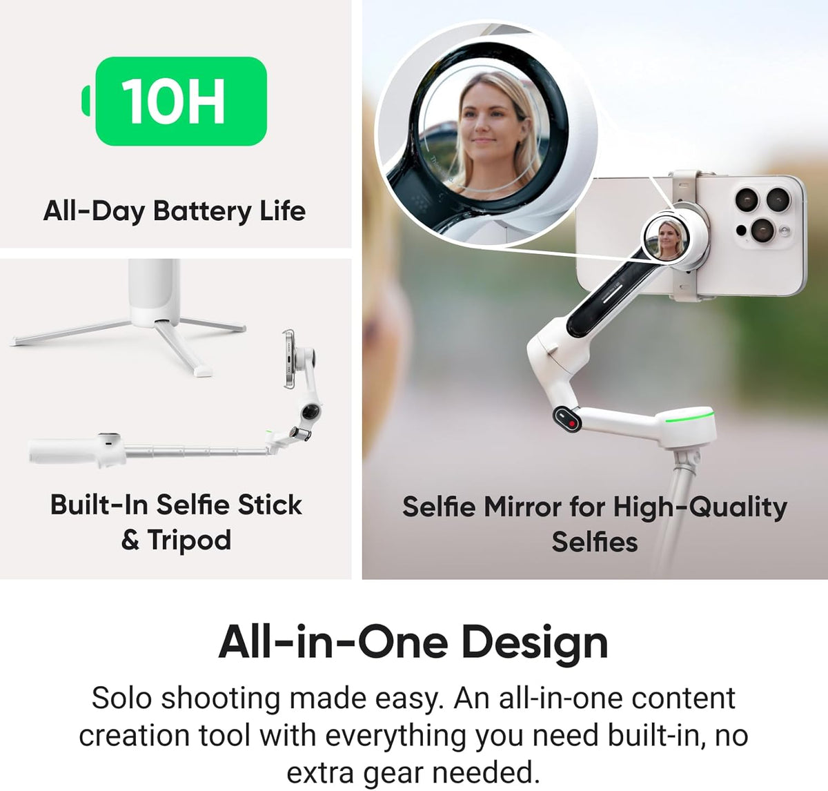 Insta360 Flow 2 Pro Creator Bundle White - Foldable AI Phone Gimbal, Apple DockKit, 360º Pan Tracking, Free Tilt Mode, Built-In Tripod/Selfie Stick, Portable Vlog/Travel Stabilizer, Spotlight, MagSafe
