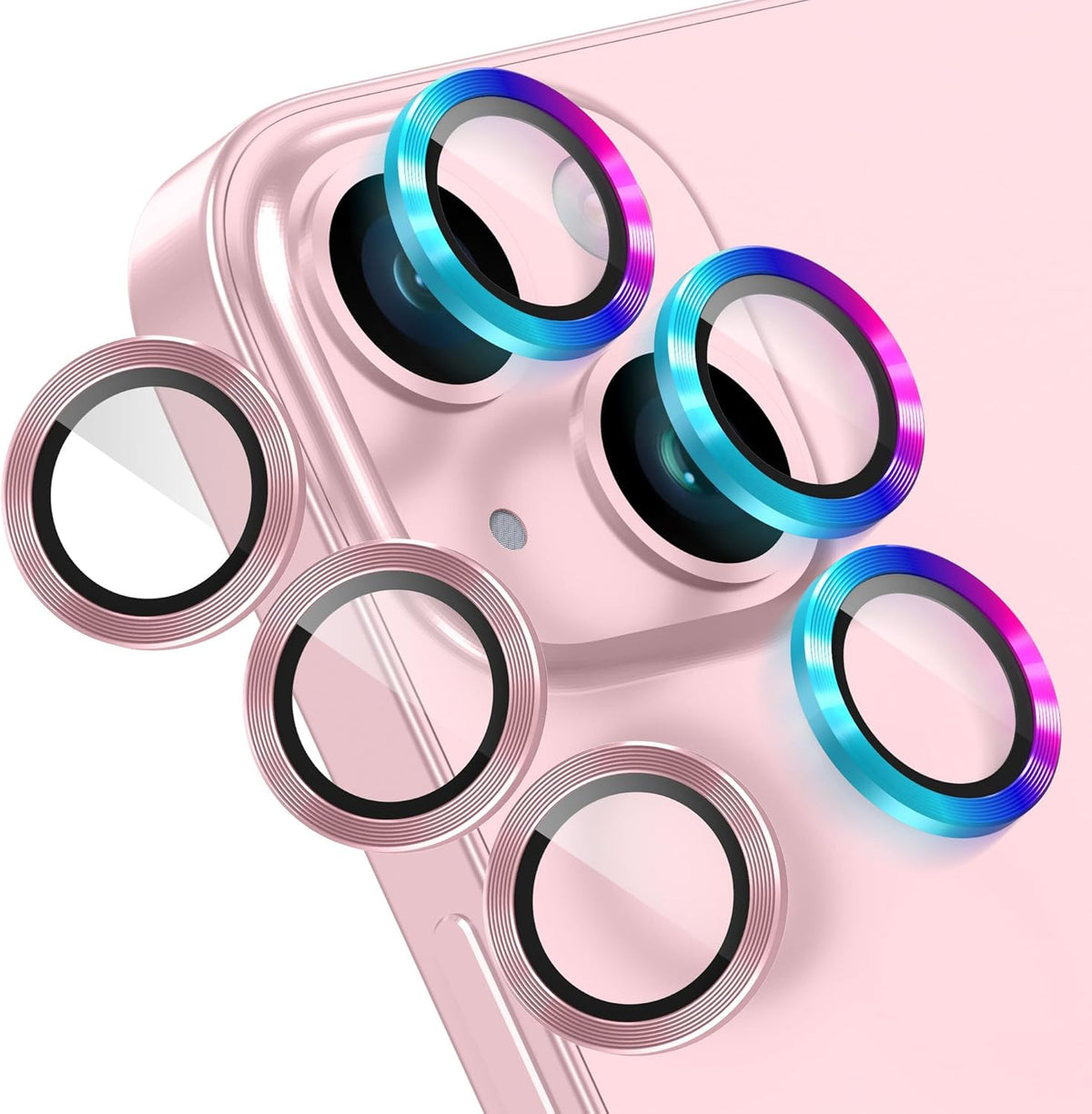 AGVEE 3+3 6 Pack for iPhone 15 6.1" / 15 Plus 6.7" Camera Lens Cover Protector, Metal Ring 9H Tempered HD Glass Camera Cover Protector Film, Pink