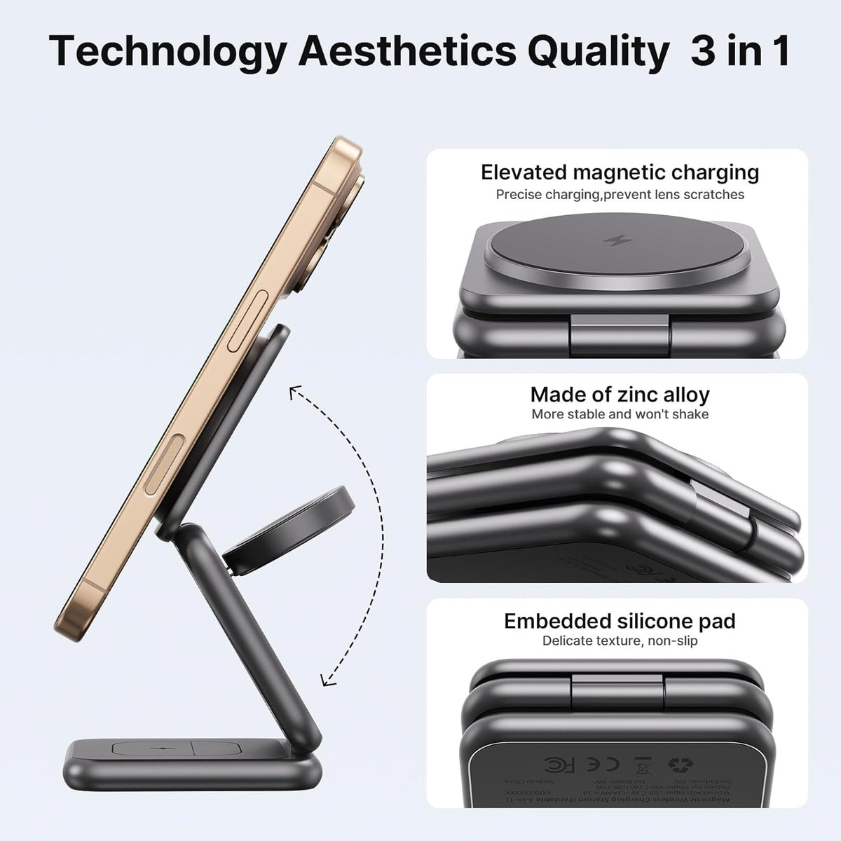 3 in 1 Charging Station for Apple Multiple Devices, Zinc Alloy Foldable Travel Wireless Charging pad for Mag-Safe Wireless Charger Stand for iPhone 16 15 14 13 12 Apple Watch Airpods