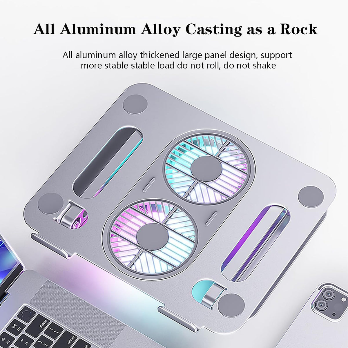 Adjustable Laptop Stand Laptop Cooling Pad with Fan USB Hub Compatible with 10 to 15 Inches Notebook Computer, Ergonomic Computer Riser for Desk, Aluminum Alloy Laptop Radiator-Silver