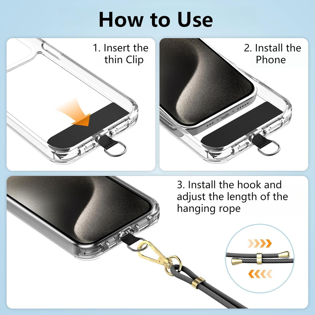 3 Pack Cell Phone Lanyard Patchs, Phone Tether Tab for iPhone, Phone Chain&Strap Replacement Part for All Fullcover Phone Cases - Black