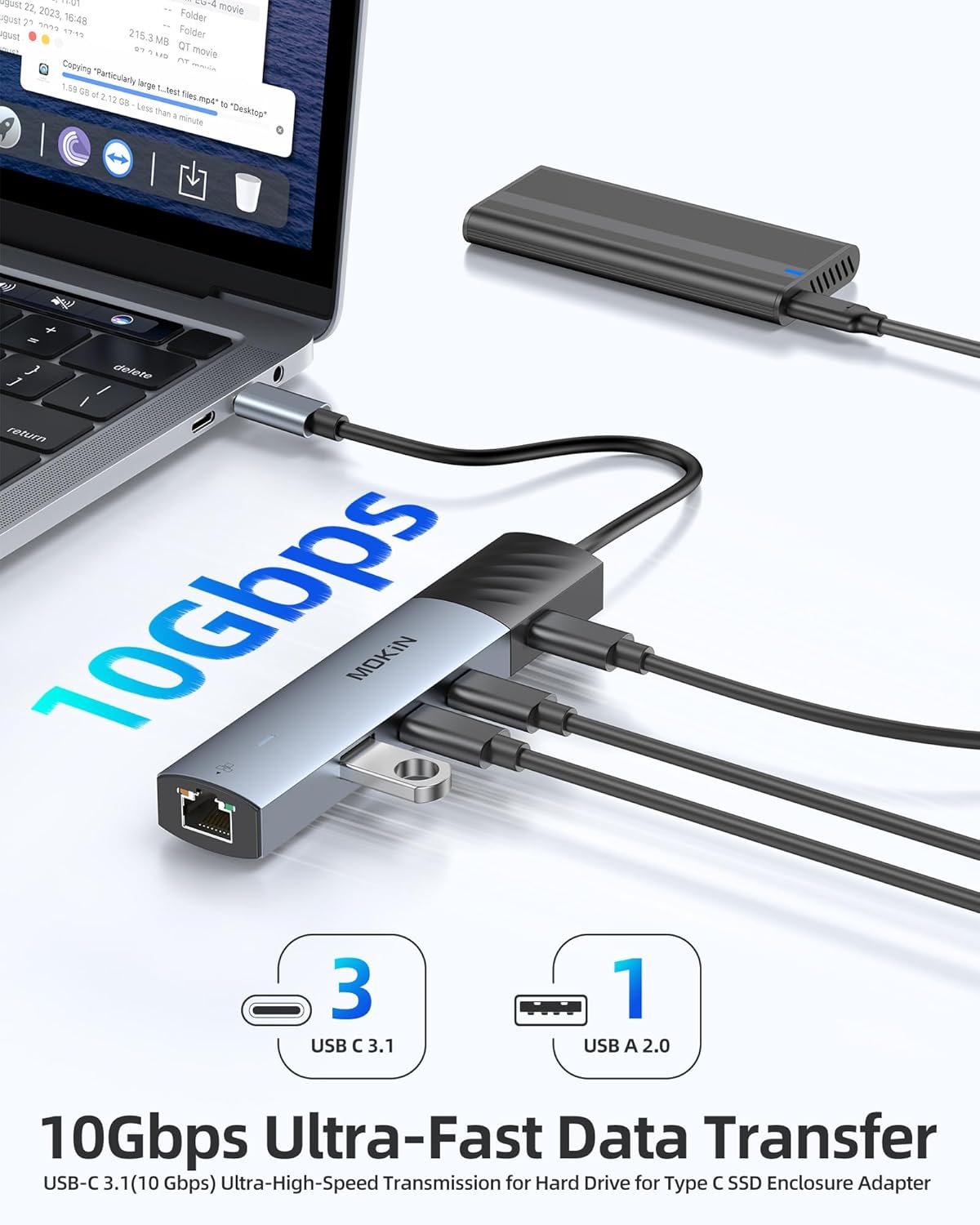MOKiN 10Gbps USB C Hub Ethernet, 7 in 1 USB C Adapter for MacBook Pro/Air with 4K@60HZ HDMI, 3*USB-C 10Gbps Data, RJ45, USB 2.0, 100W PD, USB C Dongle for MacBook Pro/Air/Dell/HP/Thinkpad/Lenovo.