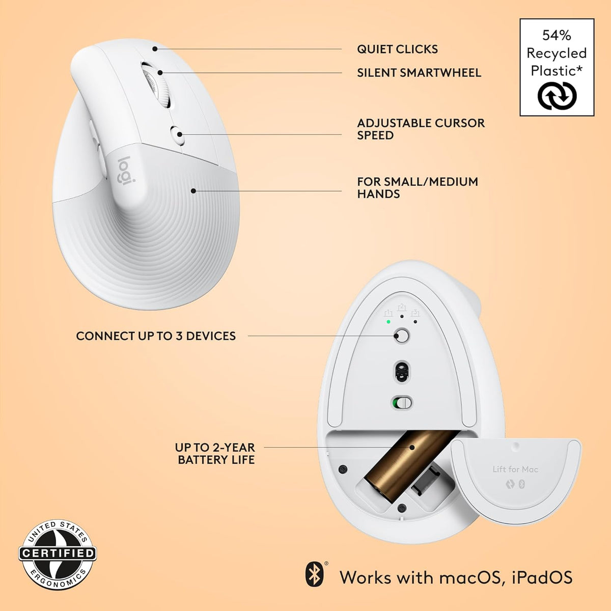 Logitech Lift for Mac Wireless Vertical Ergonomic Mouse, Bluetooth, Quiet Clicks, Silent Smartwheel, 4 Customizable Buttons, for macOS/iPadOS/MacBook Pro/Macbook Air/iMac/iPad - Off White