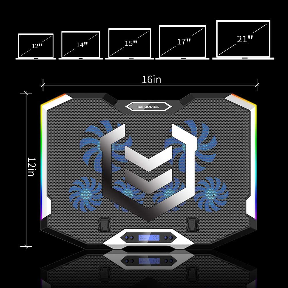 ICE COOREL Gaming Laptop Cooling Pad 15-17.3 Inch, Laptop Fan with 6 RGB Cooling Fans, Laptop Cooling Stand with 6 Height Adjustable, Laptop Cooler with LCD Screen, 2 USB Ports, Phone Stand