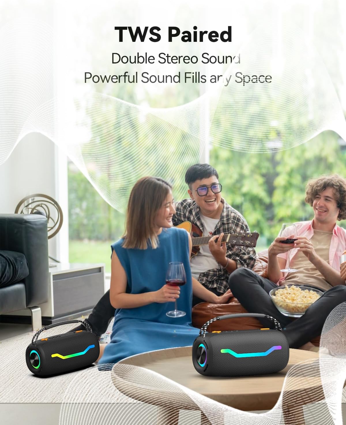Portable Bluetooth Speaker with Light, Loud Sound and Deep Bass, IPX6 Waterproof, Up to 18H Playtime, TWS Pairing, Support Bluetooth/AUX/USB/TF Card for Home, Party, Outdoor and Travel (Black)