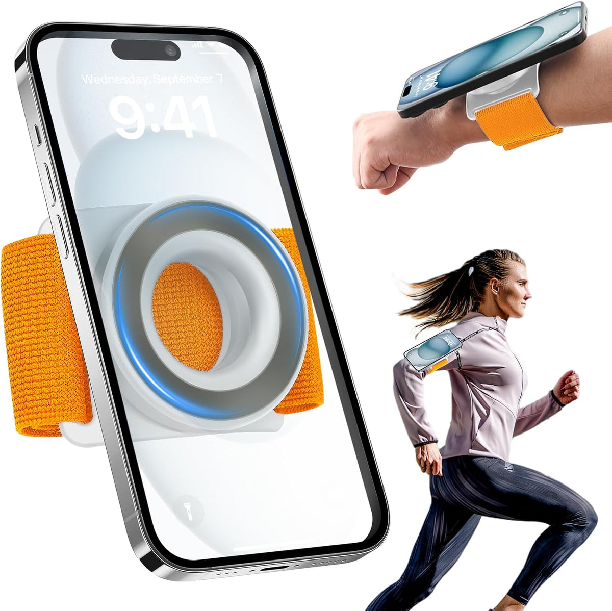 TOPGO Running Phone Holder for iPhone [360° Rotatable & Upgrade Anti-Drop] Magnetic Wrist Phone Holder, Magsafe Armband Compatible with iPhone 16 Pro and Android - Orange