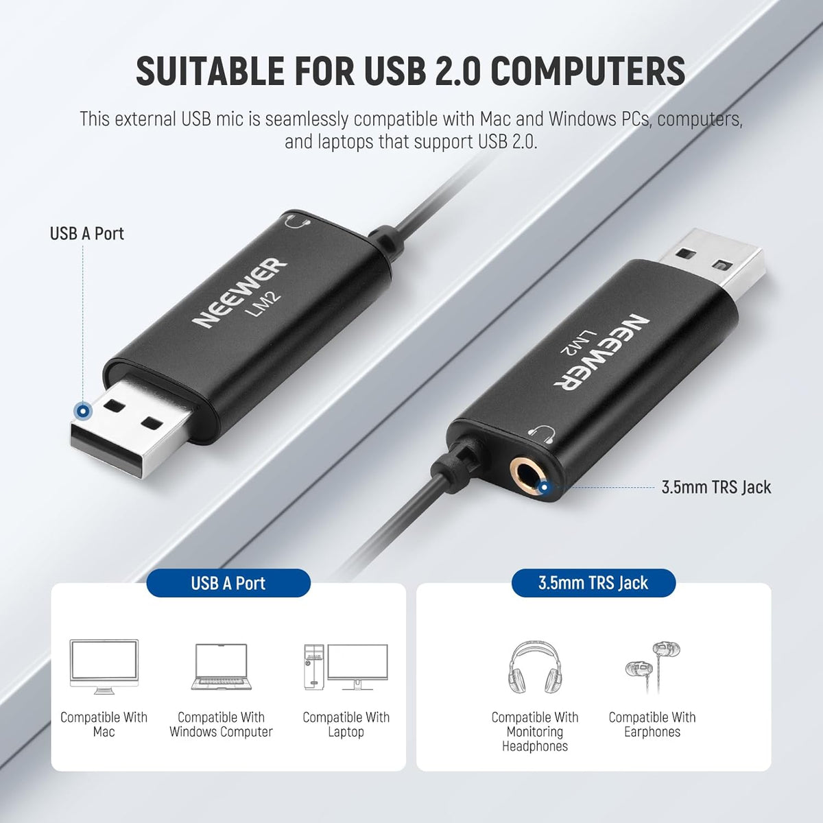 NEEWER USB Lapel Microphone, Plug & Play Mini Omnidirectional Clip On Lavalier Mic with 3.5mm Monitoring Headphones Jack for USB 2.0 Mac Windows PC Laptop Computer YouTube Skype Podcast Gaming, LM2
