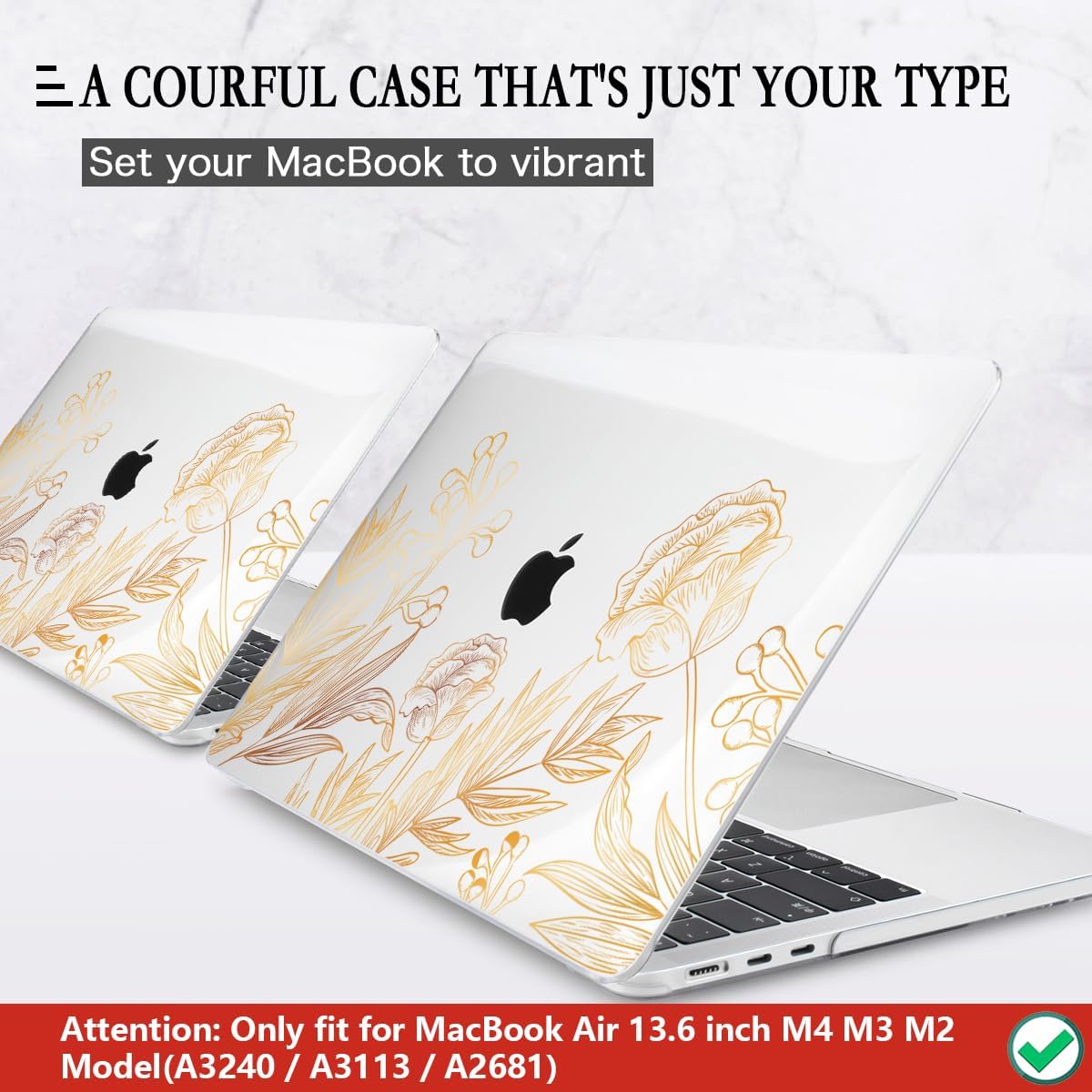 CISSOOK for MacBook Air 13.6 inch Case A3240 A2681 A3113 Release 2022 2023 2024 2025, Plastic Hard Shell Case Keyboard Cover for MacBook Air 13 inch M2 M3 M4, Gold Floral Blossom
