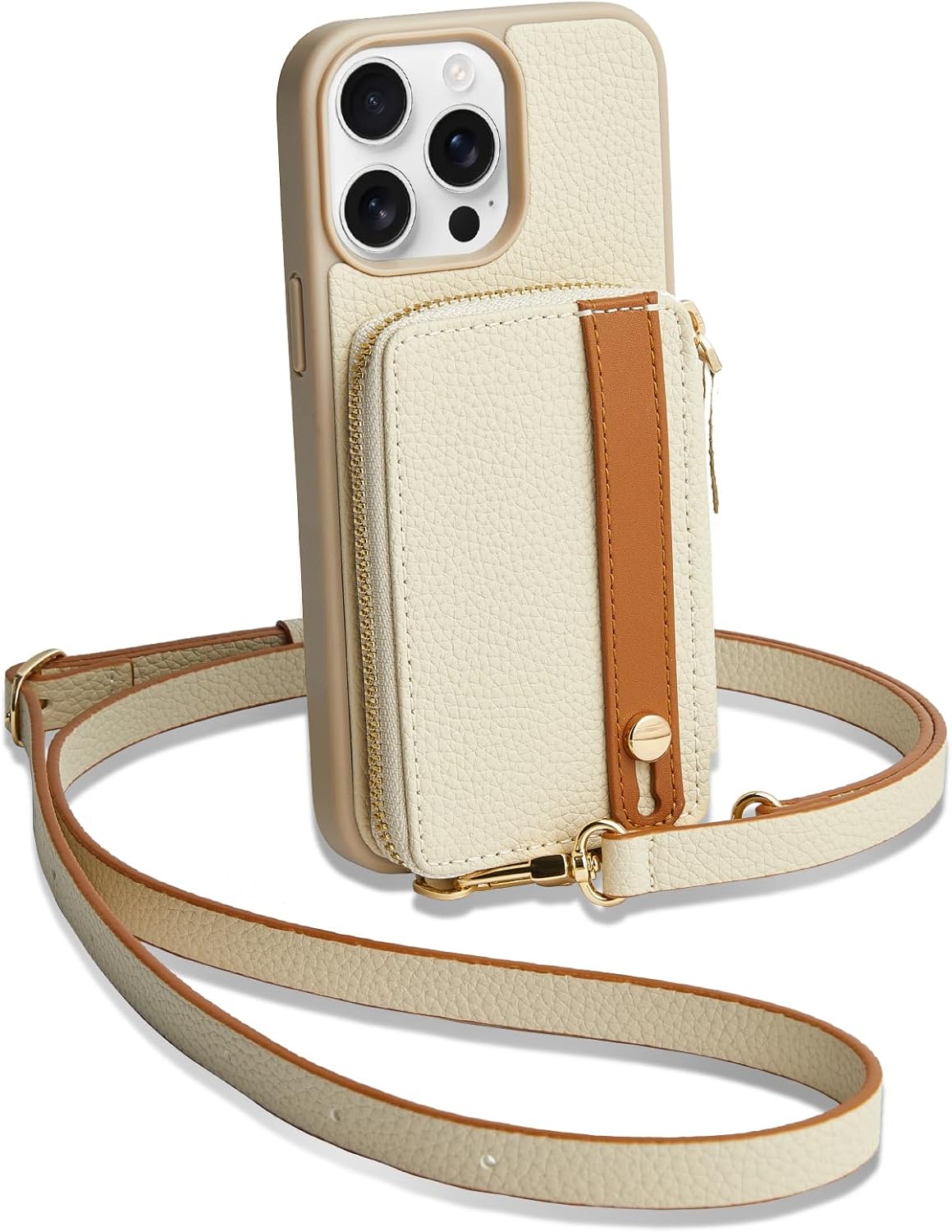 LAMEEKU for iPhone 15 Pro Max Wallet Case with Credit Card Holder, Zipper Leather Crossbody Case with Phone Grip Holder Stand for Women for iPhone 15 Pro Max 6.7 inch Beige
