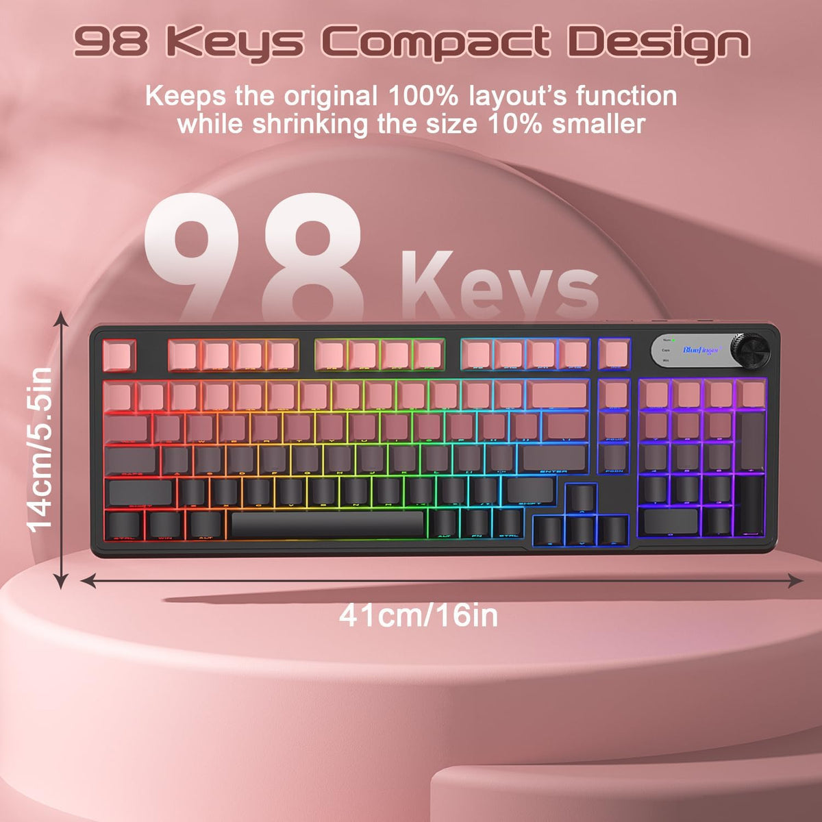BlueFinger 98 RGB Gaming Keyboard, Keys USB Wired Keyboard with Rainbow Backlit, Volume Knob & Screen, Quiet Typing