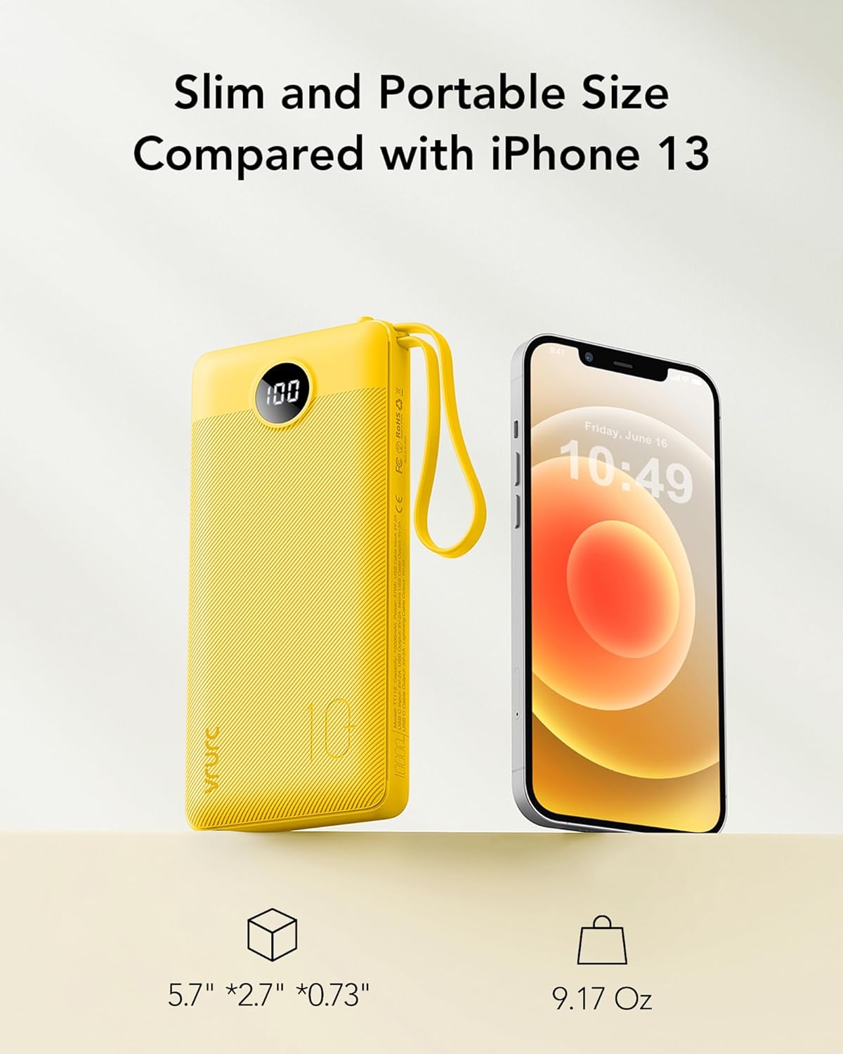 VRURC Portable Charger with Built-in Cables, 10000mAh LED Display USB C Power Bank, Slim Travel Battery Pack with 5 Output 2 Input Compatible with iPhone,Samsung,Android etc-Yellow(1 Pack)