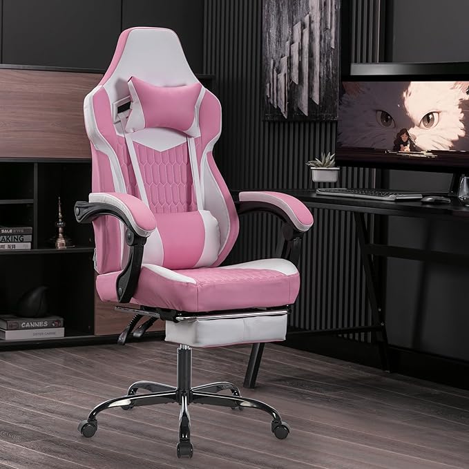 360° Swivel Gaming Chair for Adults with Retractable Footrest Ergonomic Video Game Chair with Headrest and Lumbar Support Height Adjustable Computer Chairs for Office or Gaming Pink