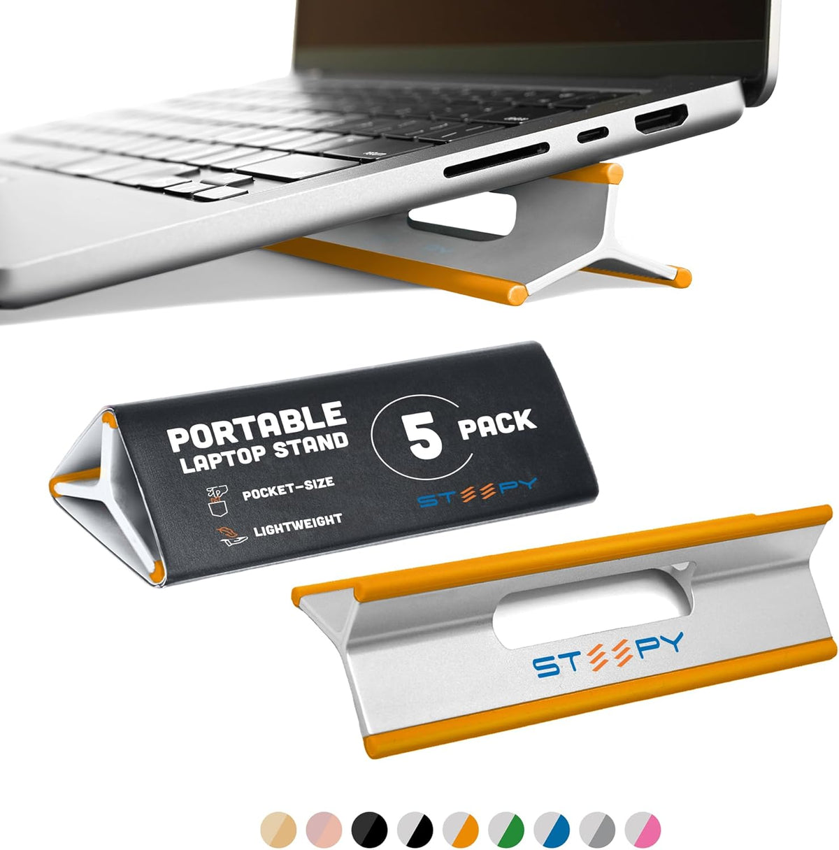 Steepy Low Profile Laptop Stand – 3 Heights Computer Stand – Plastic Laptop Riser – Lightweight Laptop Lift – Laptop Wedge - Laptop Tilt Stand - Laptop Prop - Laptop Angle Wedge (Orange, 5 Pack)
