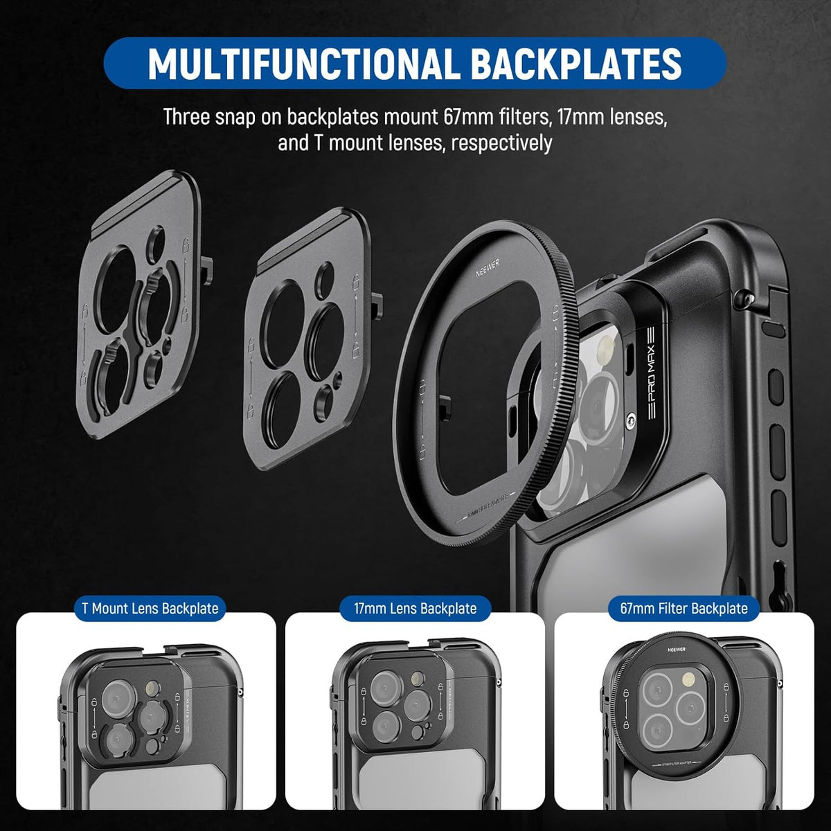 NEEWER 16 Pro Max Cage, Quick Release Video Rig Phone Stabilizer Compatible with iPhone 16 Pro Max with 67mm Filter Adapter, 17mm Lens Backplate, T Mount Lens Adapter Compatible with Moment, PA074