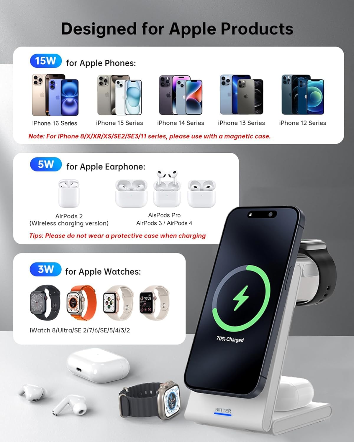 3 in 1 Wireless Charging Station, Magnetic Foldable Wireless Charger, Fast Travel Charger Stand for iPhone 16/15/14/13/12/Apple Watch/Airpods(20W PD Adapter Included)