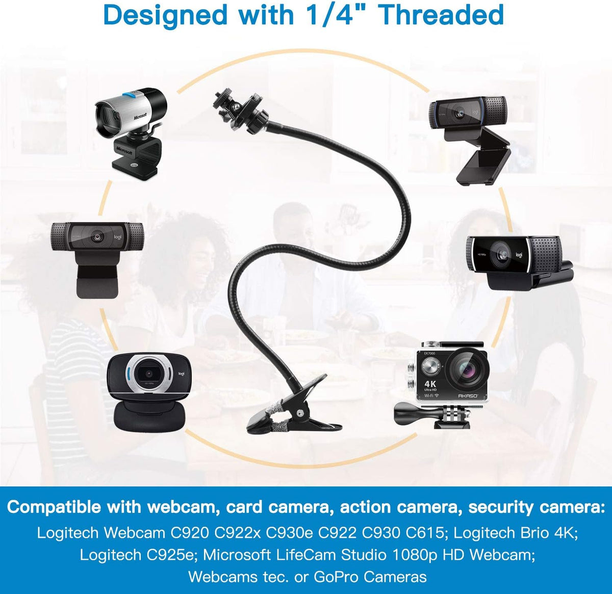 Pipishell 25 Inch Webcam Stand, Flexible Desk Mount Clamp Gooseneck Stand for Logitech Webcam C960 C930e C930 C920 C920S C922x C922 Brio 4K C925e C615 and Other Devices with 1/4" Thread-PIWS01