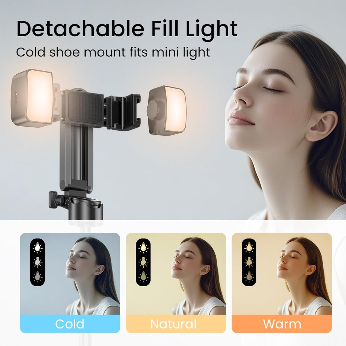 Mini Tripod with Dual Fill Lights, Portable Selfie Stick with Wireless Remote, Pocket Size Phone Tripod with Cold Shoe for iPhone/Android, Vlogging & Live Streaming（Black）