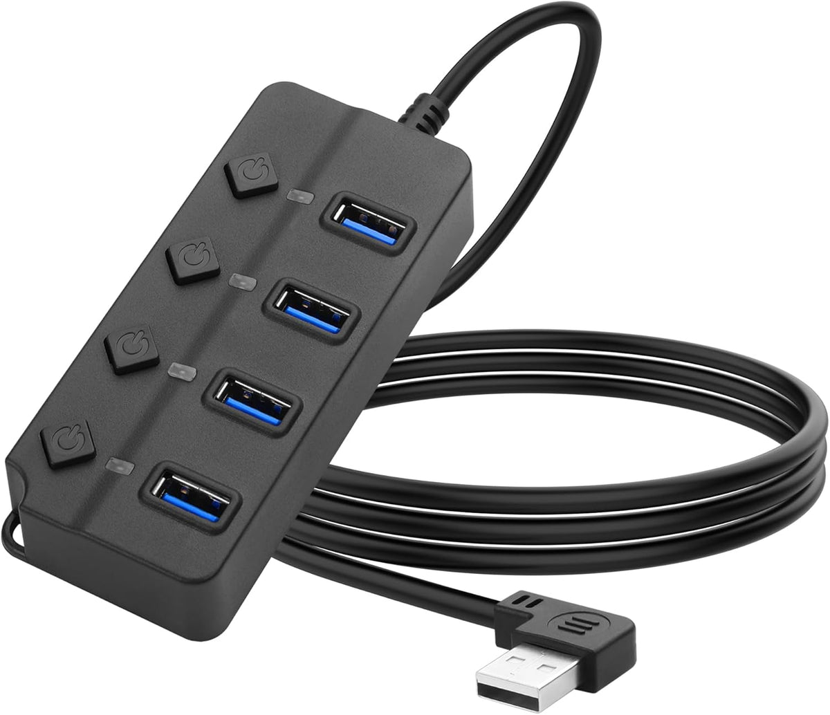 90 Degree USB Hub Splitter YACSEJAO USB 2.0 Data Hub with Individual LED Button On/Off Switch DC5.5 * 2.1 Power Port for Laptop,PC Computer (4 Ports, 1M)