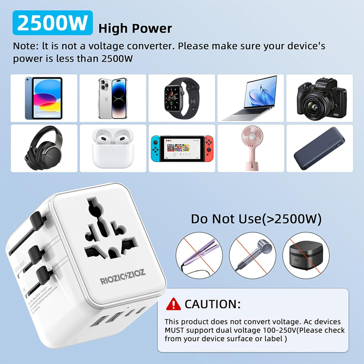 Universal Travel Adapter, RIOZIOZIOZ GaN III Worldwide Portable Adaptor with 70W PD Fast Charging, 7 Ports(2AC Socket&3USB-C&2USB-A), European Travel Essentials for EU/US/UK/AU/JP Power Plug