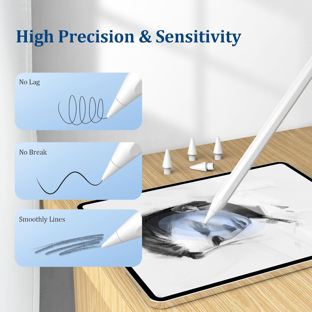 Replacement Tips for Apple Pencil 1st/2nd Gen,No Wear Out Upgraded Apple Pencil Tips,Pencil Nibs for Precise Control - Replacement Tips for iPad Pencil - 4 Pack White