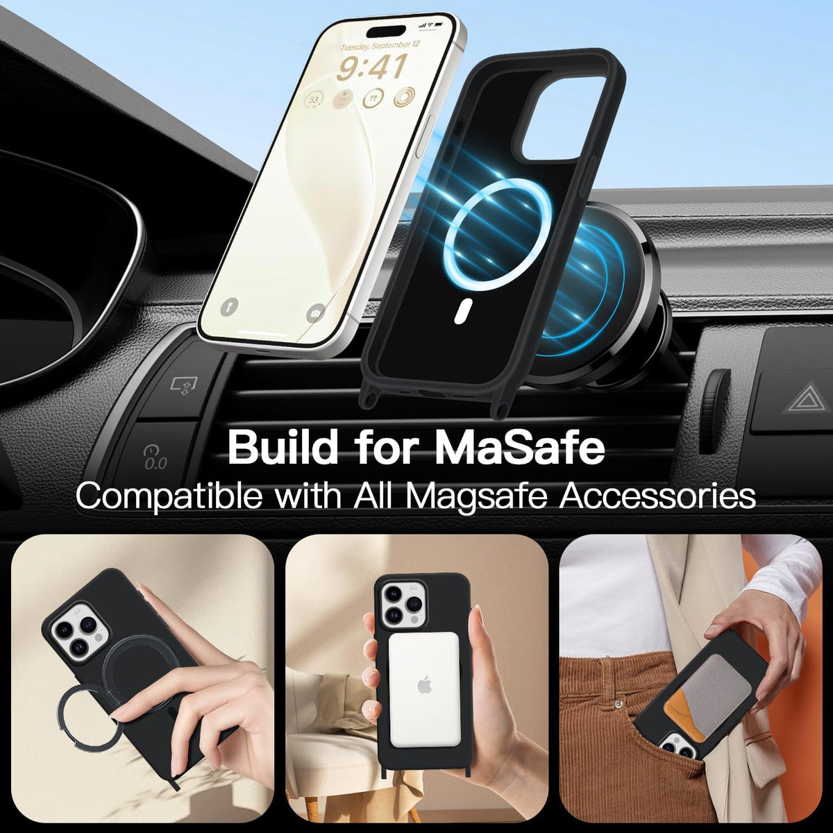 for iPhone 16 Pro Max Case with Lanyard [Compatible with MagSafe], Crossbody Phone Case with Neck Strap Adjustable, Magnetic Phone Cover for iPhone 16 Pro Max 6.9'' Black