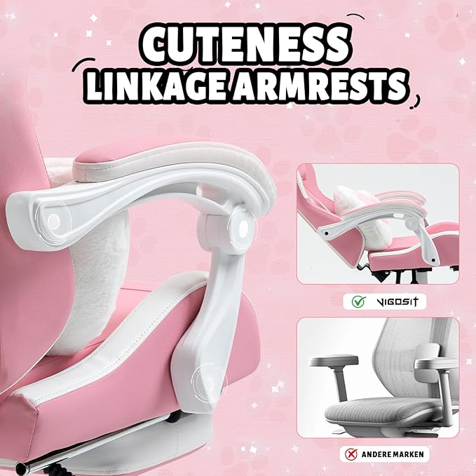 Pink Cat Ear Gaming Chair with Footrest - Cute Gaming Chair for Girls 310lbs Capacity Adjustable Height &amp Lumbar Support Ergonomic Computer Chair for Teens