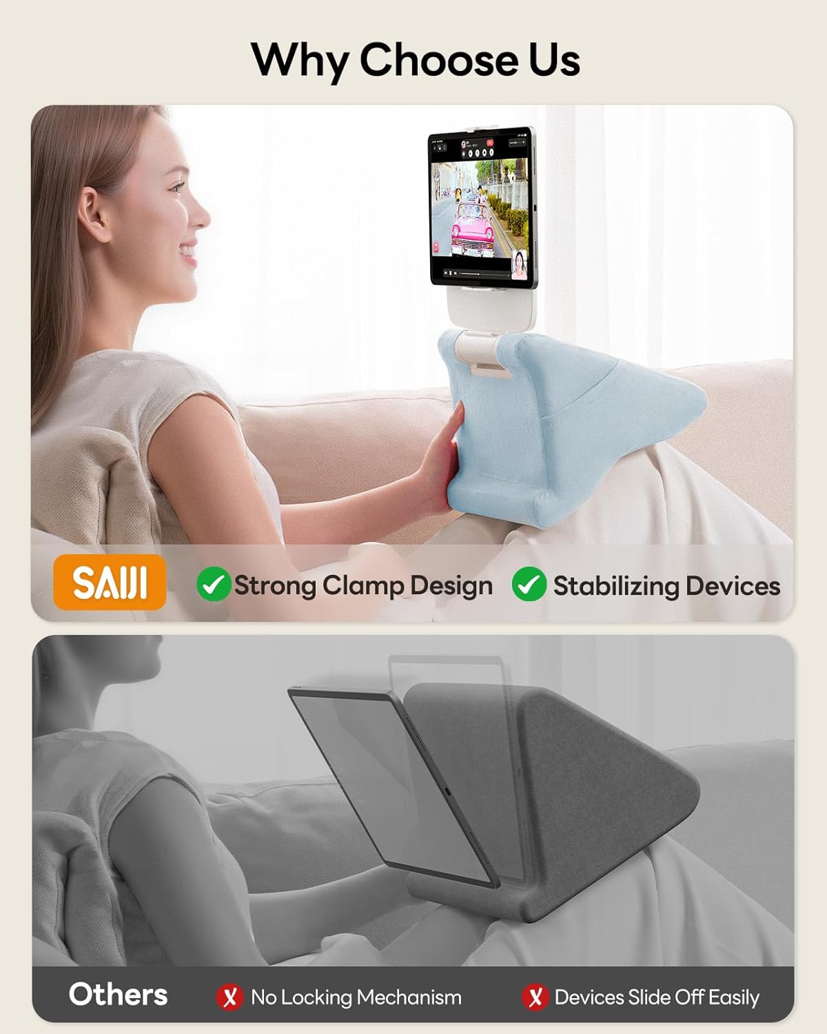 SAIJI Tablet Kindle Stand Pillow - iPad Holder for Lap Reading in Bed, with Lifter & Angle Adjustable Multi-Function Clip for 4-13" Tablets, iPad, Kindle, Phone, Blue