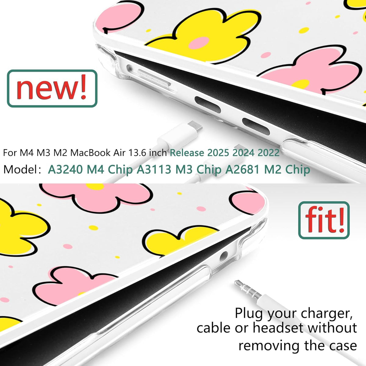 TWOLSKOO Compatible with M4 MacBook Air 13.6 inch Case 2025-2022 Release M4 A3240 M3 A3113 M2 A2681, Plastic Hard Shell & Keyboard Cover & Type C Adapter & Screen Protector, Cute Flowers