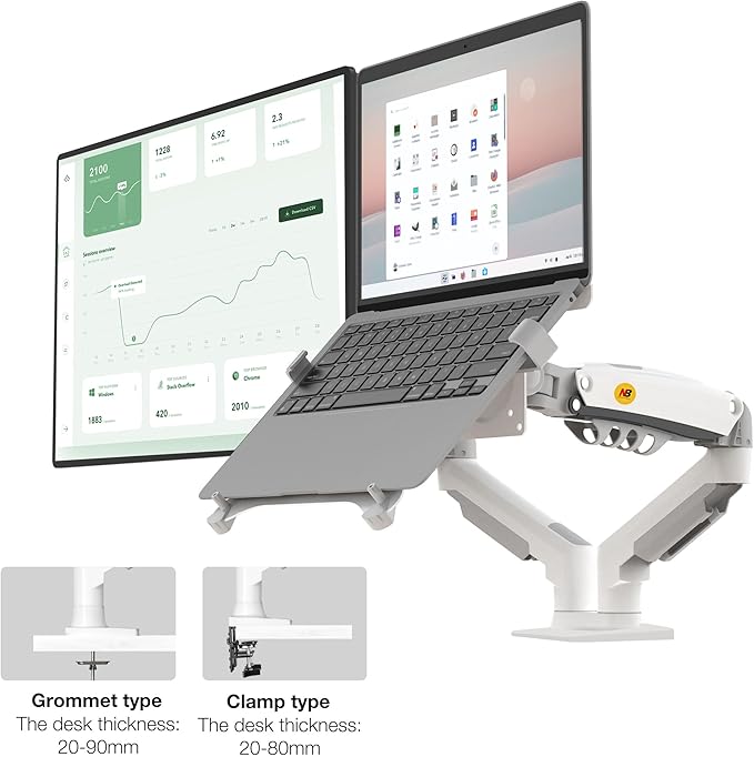 NB North Bayou Laptop Mount with Adjustable Tray for 10-17”Notebook, Full Motion Arm with VESA Plate for 17-30”Monitor,Clamp-on Grommet Mounting F160-FP (White)