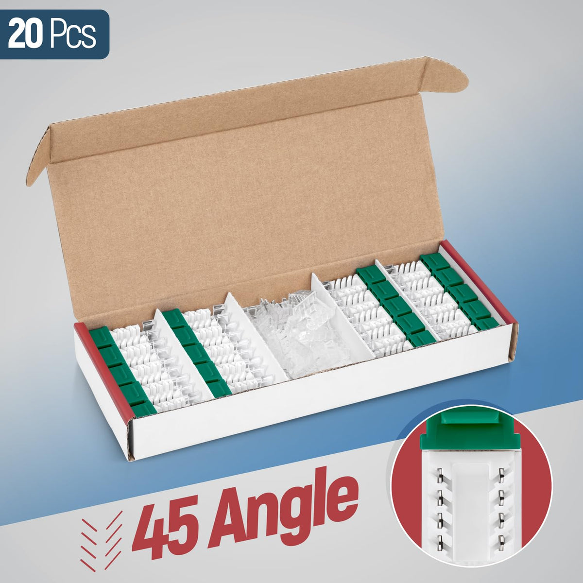 Everest 45° Angled RJ45 Cat6 Keystone Jacks 20-Pack in Green - Slim Profile Female RJ45 Connectors - Cat 6 Keystone Jack - Compatible with 45° Angled Speed Termination Tool - 45Term (B0BL3GS7ZY)
