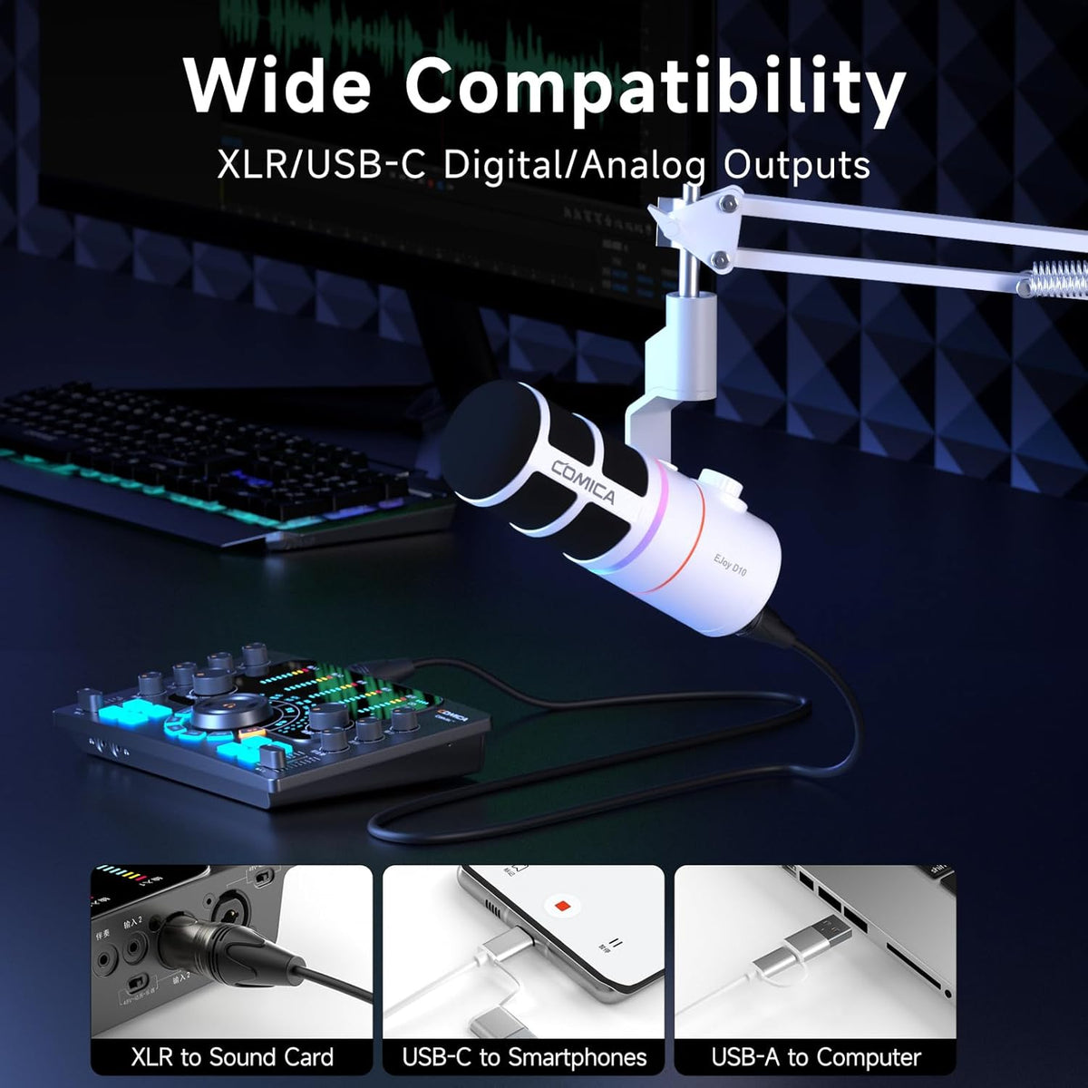 COMICA EJoy D10(A) USB Gaming Microphone – Boom Arm Mic with Noise Cancellation, XLR/USB-C, Real-Time Monitoring, Muting, RGB Professional Studio Mic for Gaming, Streaming, Podcast, Recording (White)