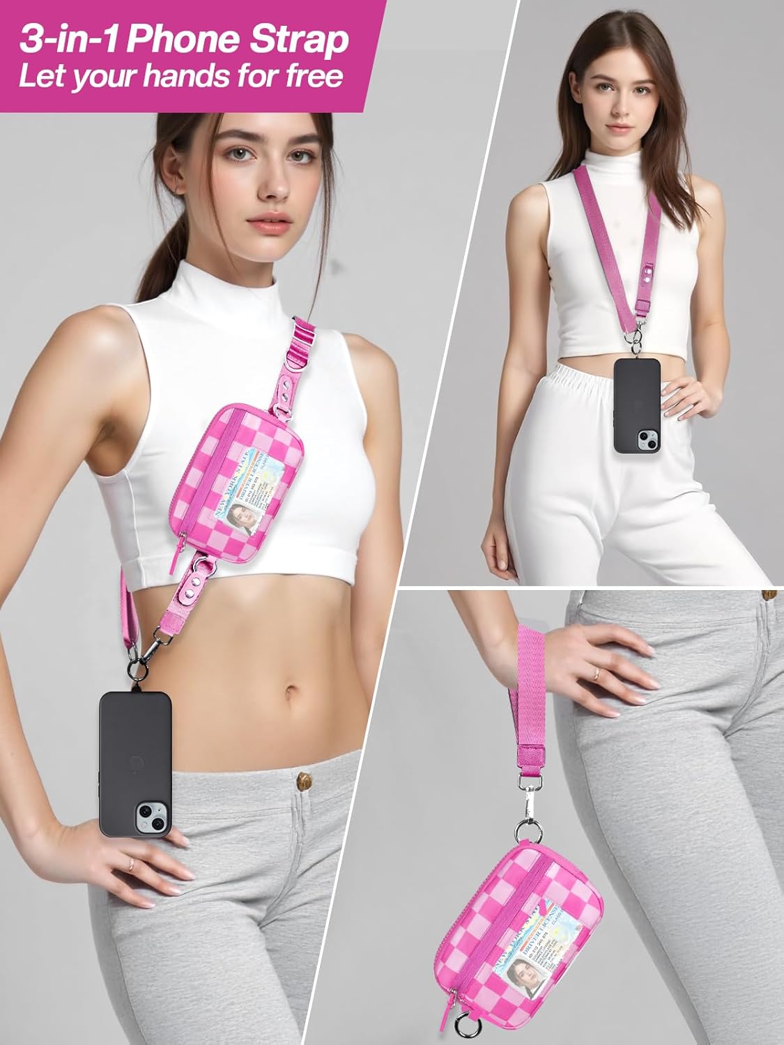 Clip and Go Strap for Phone with Wallet Crossbody Phone Lanyard Adjustable and Detachable RFID Wristlet Wallet with ID Window and Zipper, Pink Check