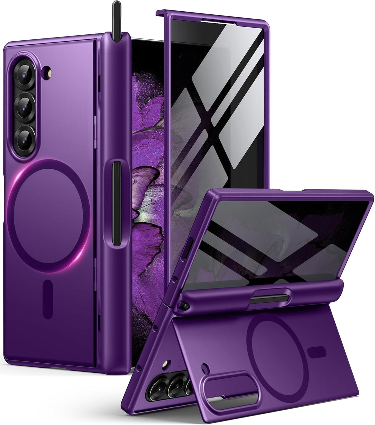 BERFY Magnetic for Samsung Galaxy Z Fold 6 Case with Privacy Screen Protector, [Compatible with MagSafe][Anti Spy] Built-in S Pen Holder & Kickstand, Full-Body Shockproof Case for Z Fold 6, Purple