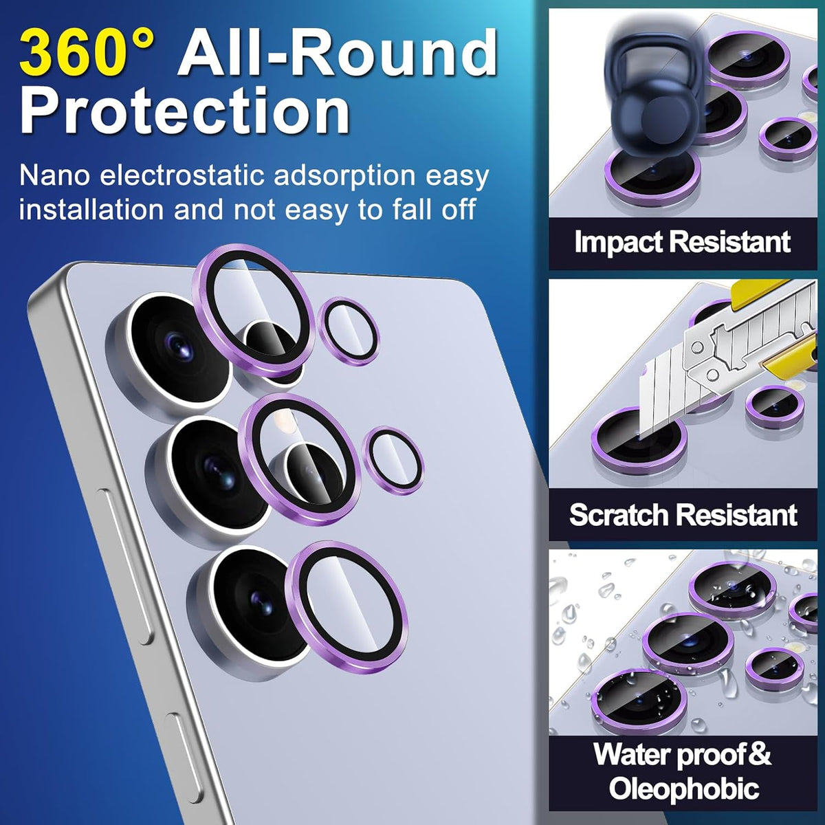 for Samsung Galaxy S25 Ultra Camera Lens Protector, Individual Metal Ring Tempered Glass Lens Cover, [Strong Adsorption] Scratch Resistant Ultra-Thin HD Clear Lens Cover, 1 Set-Purple