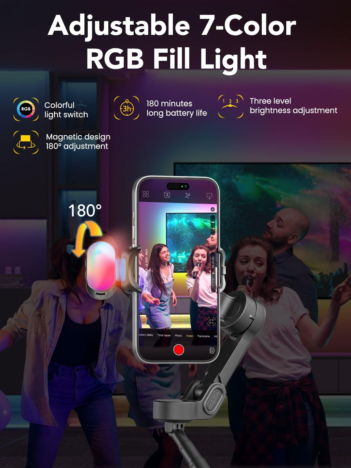 Smart X2 Smartphone Gimbal Stabilizer with 360°Rotation,OLED Display,Built-in 20cm Extension Rod Selfie Stick,Adjustable 7-Color RGB Fill Light, Ideal for Night Video Shoots,X2 KIT Black