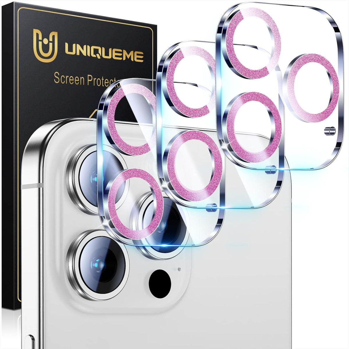 UniqueMe for 3 Pack iPhone 15 Pro/iPhone 15 Pro Max Camera Lens Protector, [Drop Protection] [Case Friendly] 9H Tempered Glass Camera Cover Screen [Update New Version] - Bright Purple