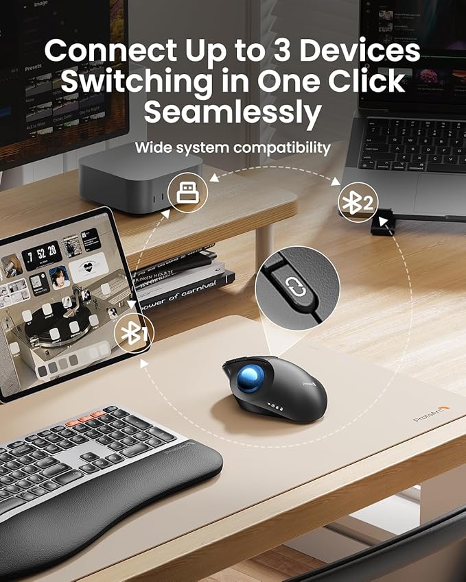ProtoArc Wireless Bluetooth Trackball Mouse EM02 Two Adjustable Angle Ergonomic Rechargeable Computer Ball Mouse 3 Device Connection Thumb Control and Smooth Tracking for Laptop PC Mac-Blue