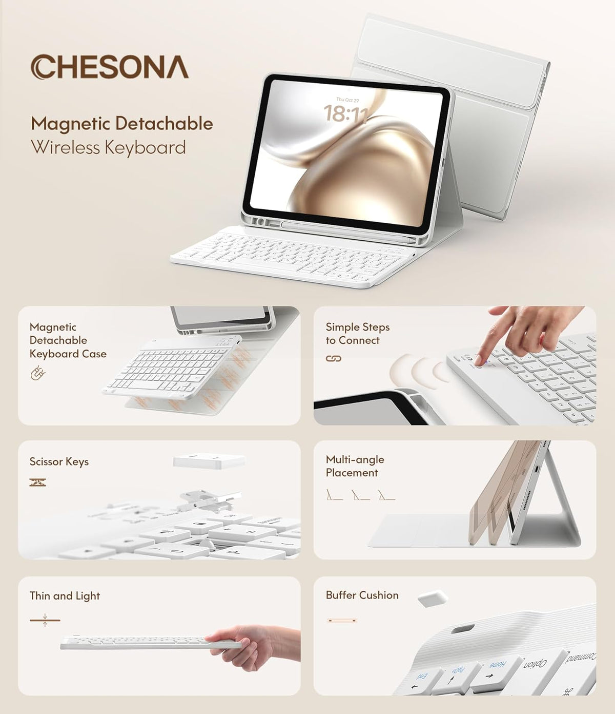 CHESONA Keyboard Case for iPad (A16) 11th/10th Generation (2025/2022), Detachable Wireless Keyboard, Stand Folio Keyboard Cover with Pencil Holder, Thin & Light (White)